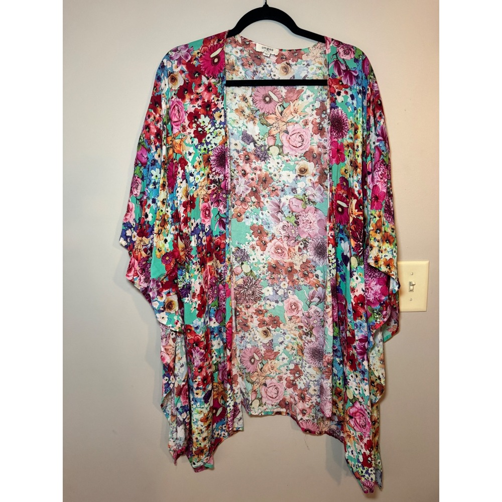 Umgee USA Floral Kimono Wrap Multi Color Boho Handkerchief Hem Cardigan M/L